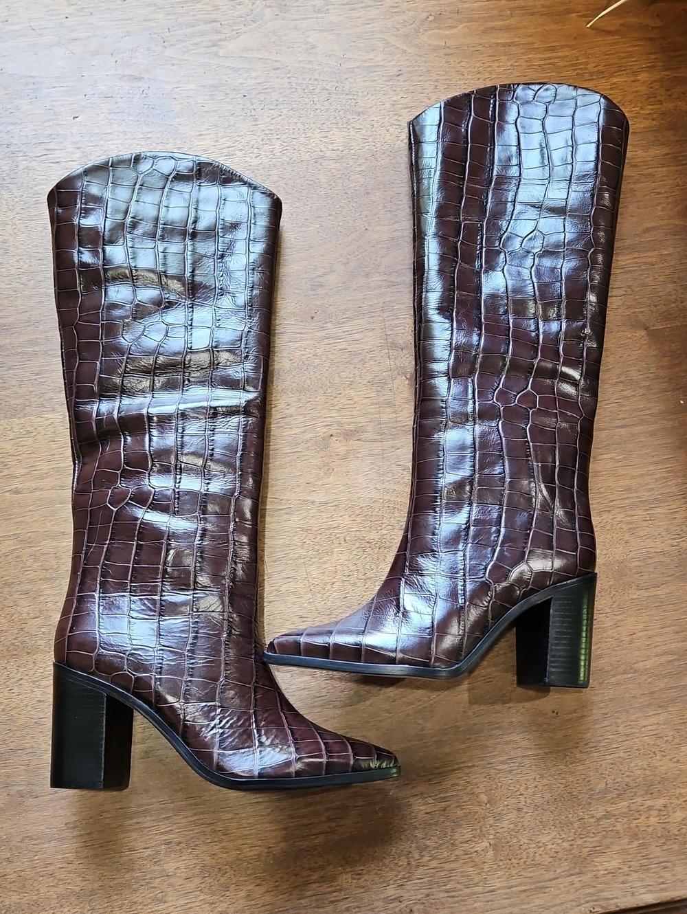 SCHUTZ Croc-Embossed Knee Boots in Dark Brown